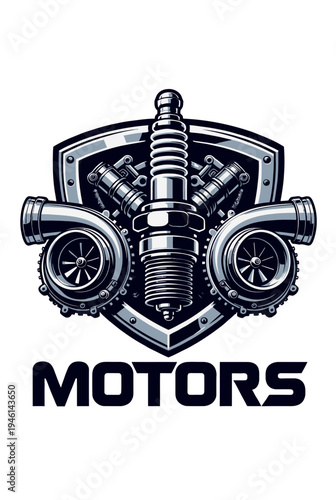 Dynamic automotive emblem with powerful engine components a central spark plug and twin high-performance turbochargers, symbolizing speed, engineering excellence, and motor efficiency