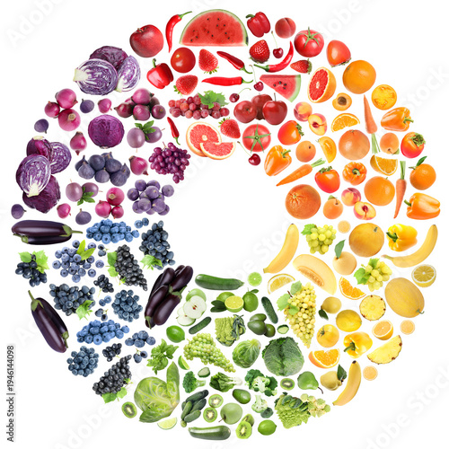 Rainbow circle of fruits and vegetables combined by colors on white background, collage