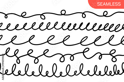 Abstract line wave drawing seamless thin curve scribble isolated on a white background