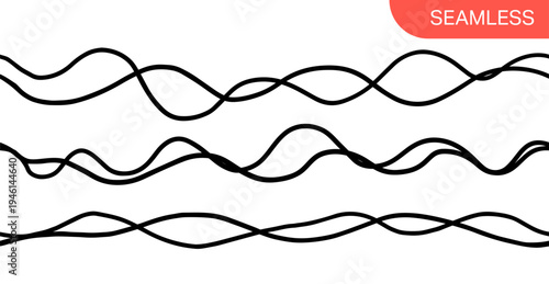 Abstract line wave drawing seamless thin curve scribble isolated on a white background