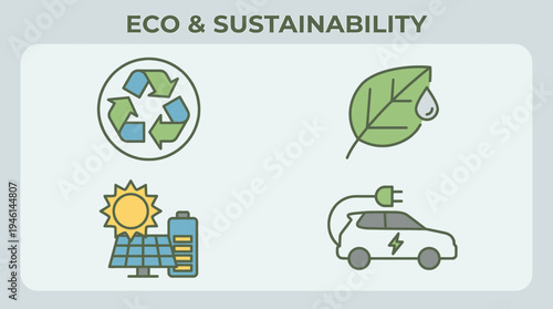 Eco and Sustainability Icons Renewable Energy, Recycling, Green Leaf with Water Droplet, and Electric Car