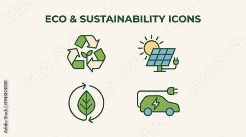 Eco and Sustainability Icons Collection Renewable Energy, Recycling, and Electric Vehicles
