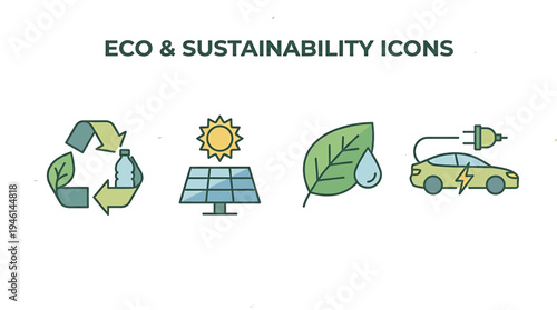 Line art vector icon set showcasing environmental sustainability, renewable energy, and eco-friendly solutions for modern design assets and initiatives
