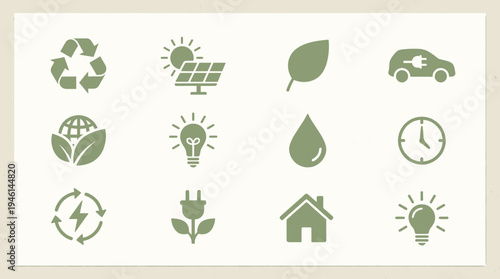 A comprehensive collection of eco-friendly and sustainable energy vector icons, illustrating environmental protection, renewable resources, and green living concepts