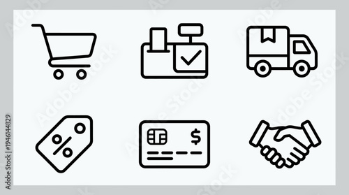 Streamlined set of line icons for e-commerce and retail, illustrating online shopping, payment, delivery, discounts, and business transactions with clear, modern visuals