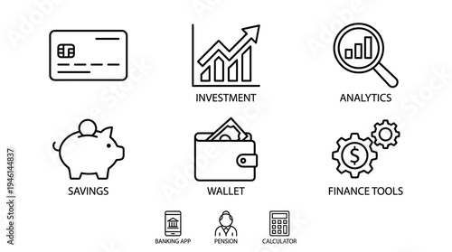 Financial Icons Savings, Investment, Analytics, Wallet, and Banking Tools