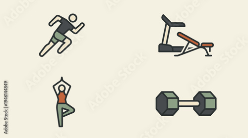 Modern line art icons for fitness and exercise, featuring running, yoga, treadmill, and dumbbell illustrations. Ideal for health, sports, and wellness design projects