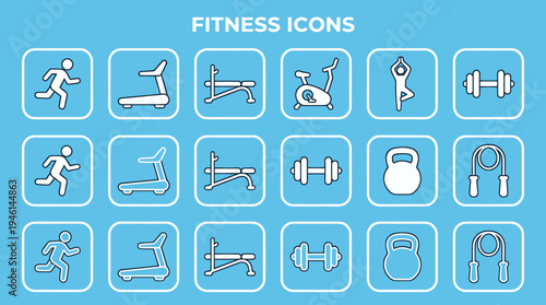 Collection of Fitness Icons representing various exercise equipment and activities for a healthy lifestyle