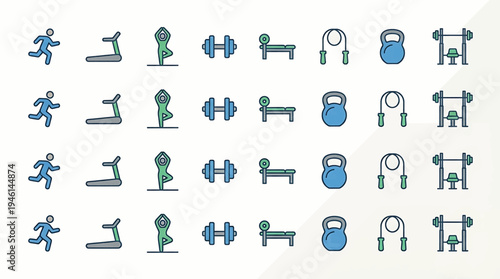 Collection of fitness and exercise equipment icons, showcasing a variety of workout tools for a healthy lifestyle
