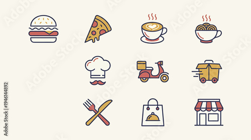 Colorful vector icon set for online food ordering and delivery services, featuring restaurant dishes, chef symbols, and logistical elements in a clean flat design
