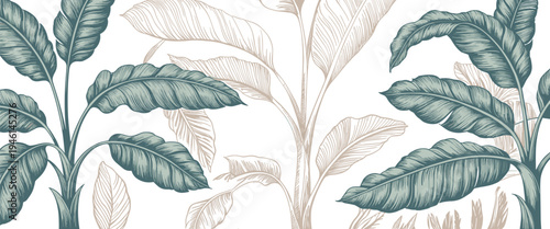 Seamless tropical banana leaf botanical pattern, vintage engraved foliage illustration, elegant neutral background wallpaper for interior design, textile, packaging decor