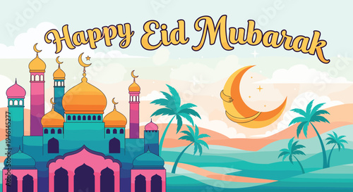 Happy Eid Mubarak Al Fitr FLat Minimalist Design Illustration