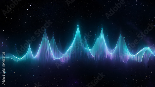 Glowing blue and purple sound wave graphic against a starry night sky background with vibrant peaks and valleys