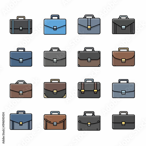 A Comprehensive Collection of Sixteen Different Business Briefcase and Professional Suitcase Icons for Corporate and Office Use
