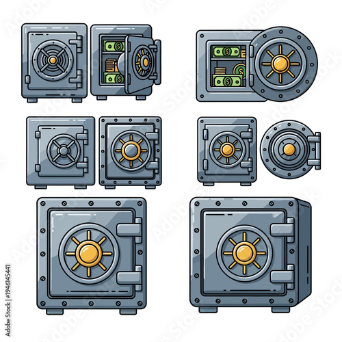 Set of various metal bank safes and vaults containing money and gold coins in a cartoon illustration style