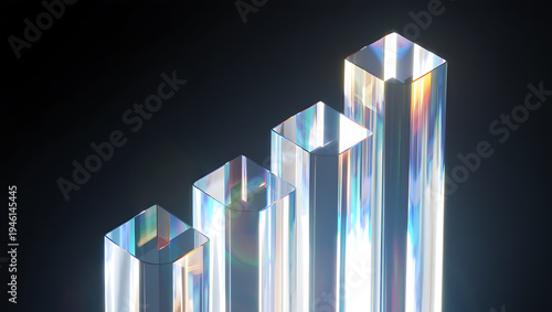 A 3d rendering of a series of crystal or glass bars in a gradient of sizes on a black background