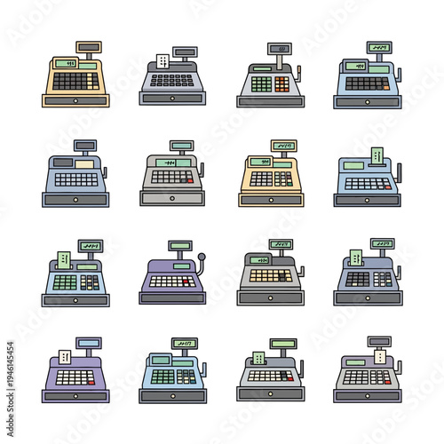 Set of Sixteen Colorful Vintage Style Cash Register Icons for Retail and Business Design on White Background