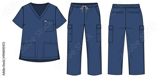 Medical scrubs illustration with top and pants, V-neck, pockets, drawstring waistband, healthcare apparel design, flat vector drawing