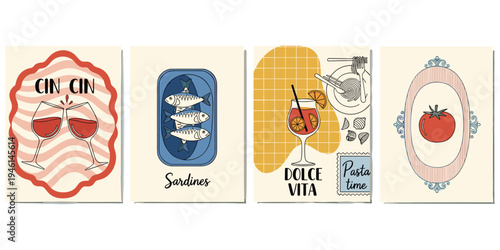 Vintage Italian food and drink posters with wine, sardines, pasta, tomato, retro culinary design, decorative illustration set
