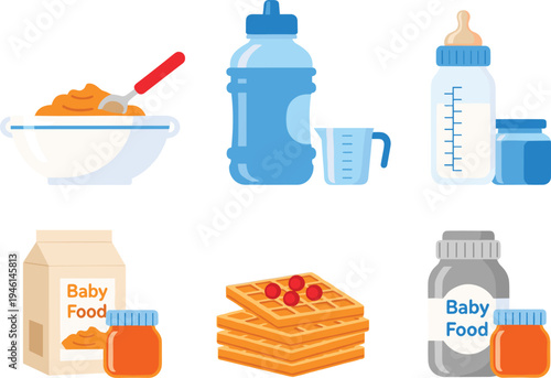 Baby Food Nutrition Collection Set Featuring Porridge Bowl Milk Bottle Water Jug Puree Jars Cereal Box And Waffles Isolated On White Background For Parenting Design