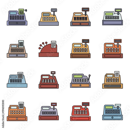 Comprehensive set of sixteen colorful flat cash register icons representing different retail, commerce, and financial point of sale systems.