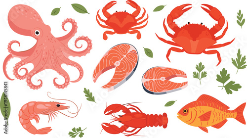 Fresh Seafood Collection Featuring Octopus Crabs Lobster Shrimp Salmon Steaks and Red Snapper Fish With Green Herbs Isolated on White Background for Culinary Design