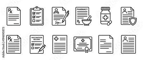 Set of black line art medical icons representing prescriptions, patient records, vaccination certificates, and pharmacy symbols in a minimalist vector graphic style