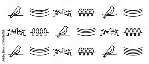 Seamless pattern of black line icons featuring birds on wires, urban cityscapes, and abstract symbols in a minimalist graphic design style perfect for modern digital projects