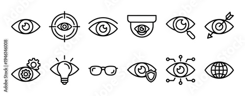 Collection of black line art icons related to vision, sight, security, and technology, featuring symbols for targeting, ideas, protection, and global perspective