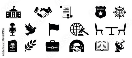 Set of black glyph icons representing diplomacy, international relations, and peace, featuring symbols like a handshake, treaty, dove, passport, and government building