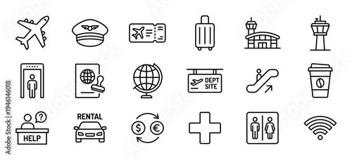Set of black line airport icons for travel and tourism, including airplane, passport, luggage, and terminal symbols for user interface design and infographics