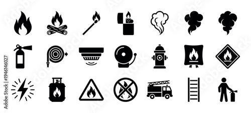 Collection of black fire safety icons including a flame, extinguisher, alarm, and warning signs, representing firefighting, danger, and emergency equipment in a flat glyph style