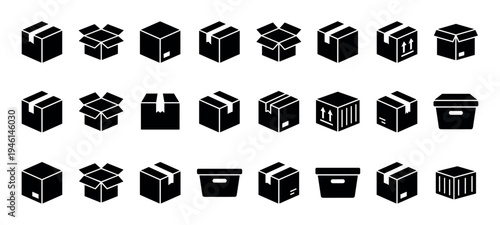 Black cardboard box and shipping package icons in a large collection showing various container types for logistics, delivery, and moving in a simple minimalist glyph design