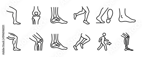 Collection of minimalist line art icons showing human leg and foot anatomy, including knee and ankle joints, bones, and different positions for walking and running