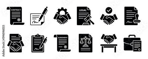 Set of black glyph icons representing legal contracts, business agreements, partnership handshakes, and justice symbols in a minimalist vector style for corporate concepts