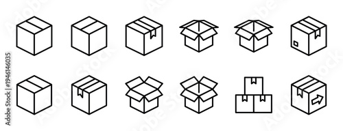 Set of black line art box icons showing various stages of shipping and delivery, including open, closed, and stacked cardboard containers in a clean minimalist isometric style