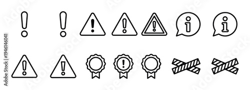 Collection of black line art icons for warnings, alerts, and information, including exclamation marks, triangles, and award ribbons in a minimalist vector style for UI design