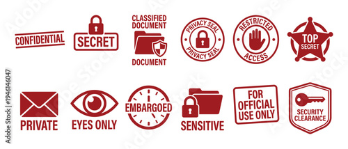 Collection of red confidential security stamps and icons including secret, private, restricted access, and classified document labels for official use and data protection concepts