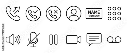 Collection of minimalist communication icons for a digital application interface, featuring symbols for calling, messaging, video chat, speaker, microphone, and user profile