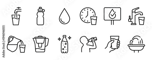 Set of black line icons related to drinking water and hydration, featuring a glass, bottle, faucet, filter, and a person drinking, presented as a simple graphic symbol collection