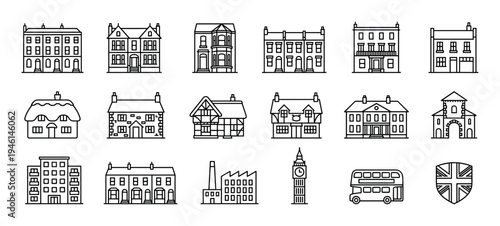 Collection of British architecture and symbol icons in a clean black and white line art style, featuring various houses, a clock tower, a bus, and a national flag shield