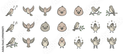 Charming collection of hand-drawn cartoon birds in various playful poses like singing, flying, juggling, and sitting on a branch, showcasing a cute and whimsical character design