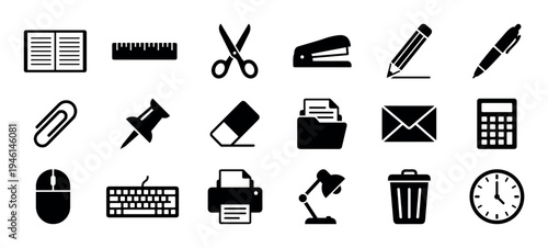 Collection of black silhouette office icons representing essential work and school supplies in a simple, flat vector graphic style for business and communication concepts