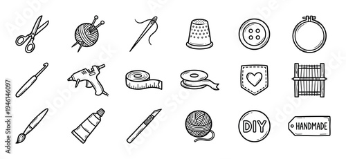 Set of hand-drawn crafting and hobby icons in a black and white doodle style for sewing, knitting, embroidery, and various handmade DIY creative projects