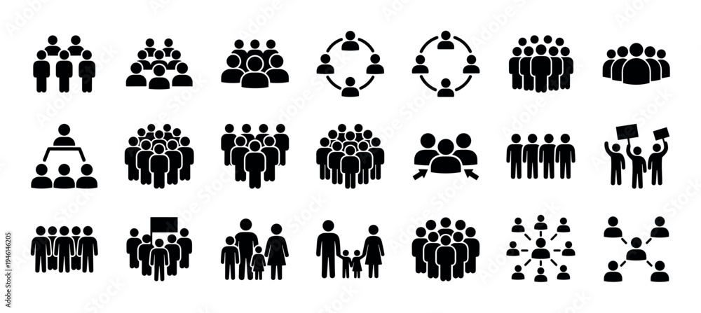 Fototapeta premium Collection of black people icons representing various social groups, including family, team, crowd, network, and community, presented as a minimalist vector illustration set
