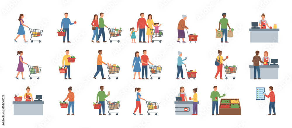 Fototapeta premium Diverse set of people shopping for groceries in a supermarket, including families and seniors pushing carts, carrying baskets, and paying at the checkout counter