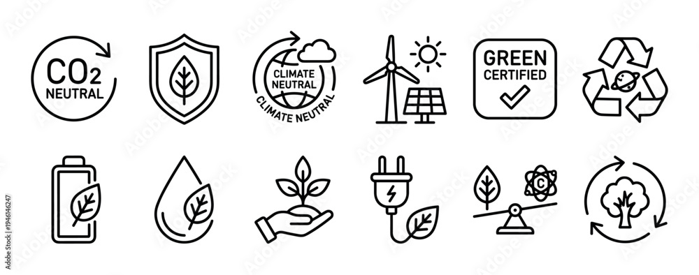 Fototapeta premium Set of eco friendly and sustainability icons representing green energy, climate neutral concepts, and environmental protection in a clean minimalist black line art style