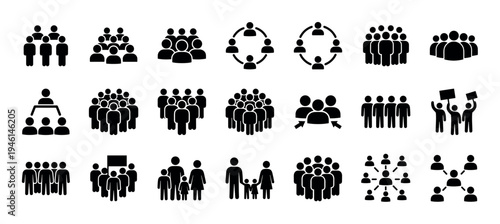 Collection of black people icons representing various social groups, including family, team, crowd, network, and community, presented as a minimalist vector illustration set
