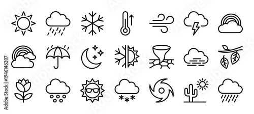 Weather and nature line icon set with minimalist black symbols for sun, cloud, rain, snow, wind, storm, thermometer, and seasons for forecast and climate applications
