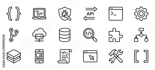 Collection of thin line icons for software development, programming, and IT, featuring symbols for coding, API, database, cloud computing, and debugging in a clean vector set